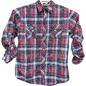 Age of Wisdom Men Shirt Size L Red Black Blue Plaid Button Up Long Sleeve Cotton